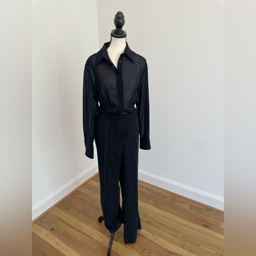 Akris Punto Semi-Sheer Black Dress Pants with White Pinstripe Detail